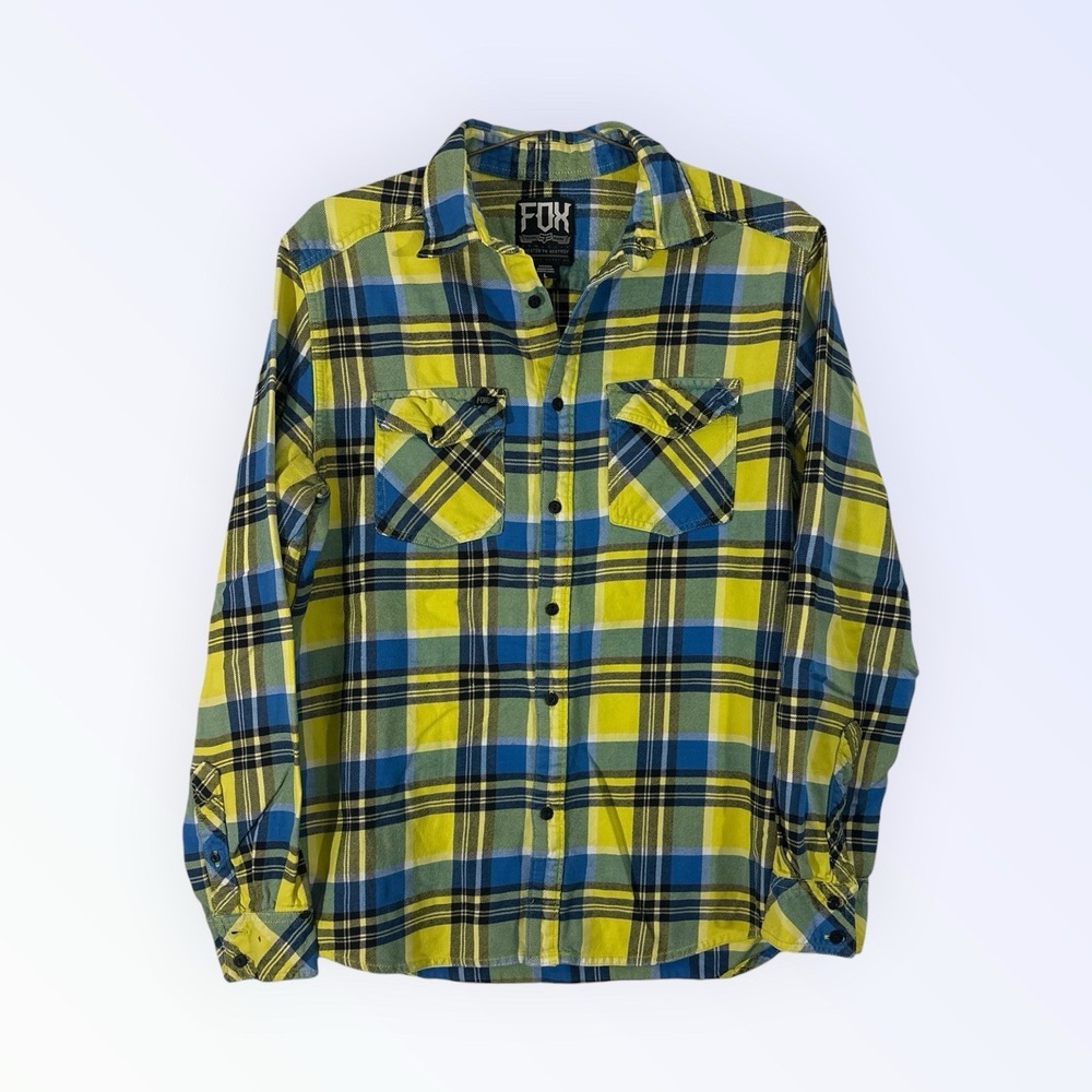 Fox Racing Flannel Shirt Mens Large Yellow Blue Plaid Button Up Long Sleeve